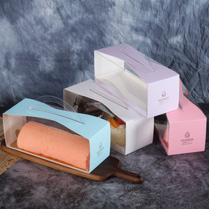 wholesale for sale bakery package transparent plastic log swiss roll cake box with handle