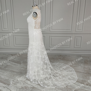 100% vraies Photos bohême balayage Train sans manches sirène dentelle robe de mariée col rond Appliques robe de mariée pour les femmes sur mesure - Product Image 5