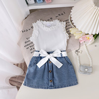 Conjunto de Ropa de Verano para Niña 4T, Chaleco de Algodón de Color Sólido con Encaje y Falda Vaquera, Nuevo Modelo de Comercio Exterior Transfronterizo
