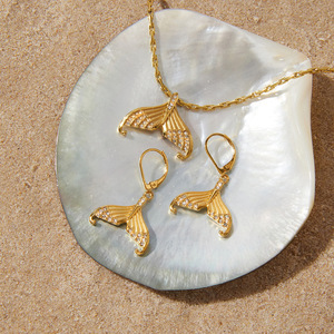 Ensemble de bijoux queue de sirène plaqué or avec collier et boucles d'oreilles en strass pour femmes, accessoires de mode pour soirée - Product Image 3