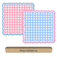 Alas Mahjong Amerika Motif Kotak-kotak Biru Grosir 33x33 Neoprena Tepi Bergelombang Pink Penutup Meja Permainan untuk Malam Permainan Coquette
