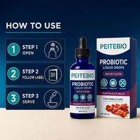 Gouttes liquides probiotiques PEITEBIO pour chiens et chats avec probiotiques, prébiotiques et enzymes, saveur bacon, soutien digestif, 60 ml