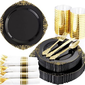 Tùy Chỉnh 7Pcs Không Thể Phá Vỡ BPA Miễn Phí Dùng Một Lần Mạ Vàng Cứu Trợ Nhựa Đồ Ăn Trang Trí Wedding Party Bộ Đồ Ăn - Product Image 3