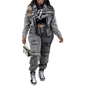 Pantaloni lunghi in <span class=keywords><strong>Denim</strong></span> lavati Multi-tasca da donna alla moda 2024 Set Casual in <span class=keywords><strong>Denim</strong></span> due pezzi - Product Image 4