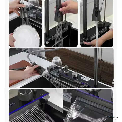 HG Modern Black Flying Rain Waterfall Smart Kitchen Sink Luxury ...