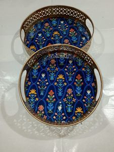 Plateaux décoratifs ronds avec motif floral, style bohème, avec poignée, artisanat en métal - Product Image 4