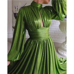 2024 élégant vert couleur robes de soirée dames licou cou grande balançoire à manches longues soirée longues robes