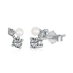 Dylam High End Jewellery Women 925 Sterling Silver Rhodium Plated Clip On 5A Zircon Tiny Cluster Zirconia Pearl Stud Earrings