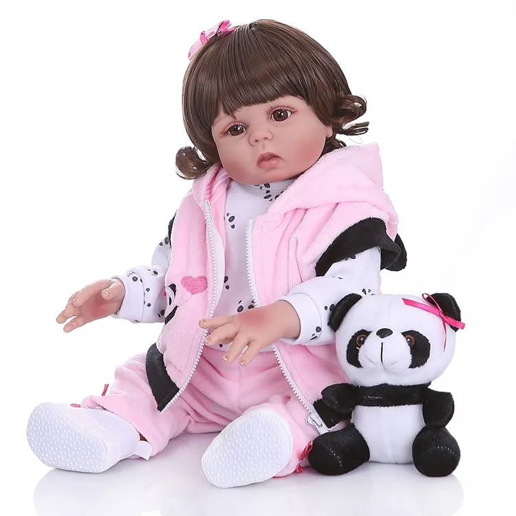 ตุ๊กตา Bebe ขนาด49ซม. สำหรับเด็กผู้หญิง,ของเล่นอาบน้ำทารกเหมือนจริงทำจากซิลิโคนเนื้อนุ่มชุดหมีแพนด้าสำหรับเด็กผู้หญิงทารกเกิดใหม่ผมลอน