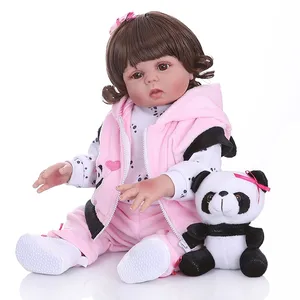 巻き毛49CMベベ人形リボーン幼児ガール人形女の赤ちゃんパンダドレス全身ソフトシリコーン現実的なベビーバスおもちゃ