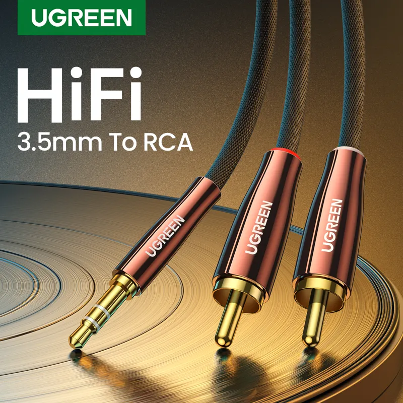 UGREEN Cabo RCA 2RCA para 3.5mm Hi-Fi Nylon-Travedo RCA para AUX Cabo de Áudio para DJ Controlador Alto falante TV Estéreo do Carro