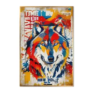 纯手工涂鸦风格油画帆布狼动物现代画客厅装饰彩色狼画