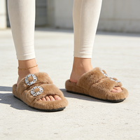 Pantuflas de Plataforma con Peluche Sintético de Conejo para Mujer, con Logotipo Personalizado, Doble Correa y Hebillas con Cristales de Imitación