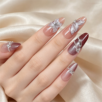 Faux ongles à presser en amande, effet œil de chat mauve, papillon, perle, strass, brillants, vente en gros, étiquette privée personnalisée