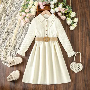 2024 Новое модное весеннее милое кружевное платье с длинным рукавом и поясом, детская одежда для девочек, Повседневное платье