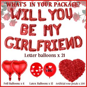 ลูกโป่งรูปตัวอักษร "Will You Be My Girlfriend" พร้อมลูกโป่งฟอยล์รูปหัวใจ กลีบกุหลาบ ลูกโป่งลาเท็กซ์ และของตกแต่งสำหรับขอแต่งงาน "Be My Girlfriend" - Product Image 2