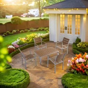 Gartenmöbel aus Aluminium mit 4 Stühlen aus Kunststoff holz und Beistell tisch 5-teiliges Esstisch-und Tischset aus Kunst holz für Kaffee