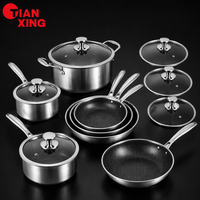 Ensemble de 13 pièces de batterie de cuisine antiadhésive en acier inoxydable 304 triple couche avec revêtement alvéolé, compatible gaz et induction, avec couvercles en verre