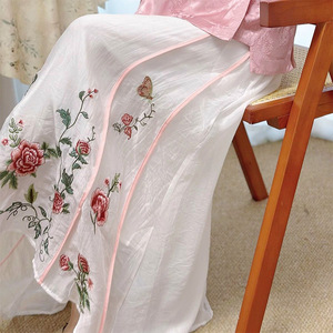 Chinese Style Embroidery A-Line Midi Skirt Women Elastic Waist Chiffon Apricot Pink Traditional Skirt Comfortable Spring Summer - Product Image 2