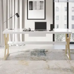 Meja Kantor Putih dengan Laci Meja Komputer Modern Persegi Panjang Bahan Permukaan Padat