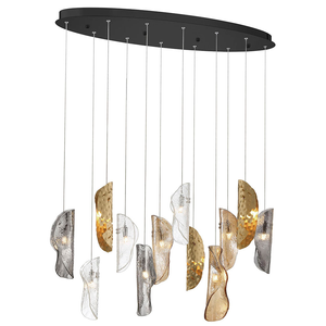 Lustre en verre ovale en spirale de luxe avec éléments en forme de feuilles en cascade, tons transparents or/argent, hauteur réglable, pour la maison ou le bureau - Product Image 2