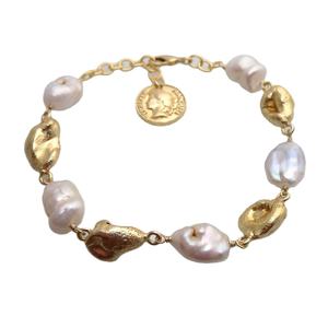 Gold Plated Designer Vintage Coin Handmade Pearl Gemstone Bracelet <b>Indian</b> Style for Girls and Women SKU6742 - Product Image 1