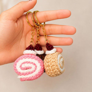 Cute swiss Roll Keychain Oval Shape Woven Pattern Multicolor Design Swiss Roll <b>Key</b> Ring Hand Made Hot Sale Crochet Roll Keyring - Product Image 6