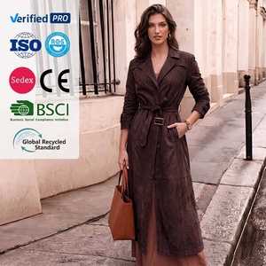 Manteau <span class=keywords><strong>trench</strong></span> chic en <span class=keywords><strong>daim</strong></span> beige avec ceinture, veste mi-longue en <span class=keywords><strong>daim</strong></span> pour femme, vêtement d'extérieur décontracté pour l'automne, idéal pour le streetwear et le bureau - Product Image 1