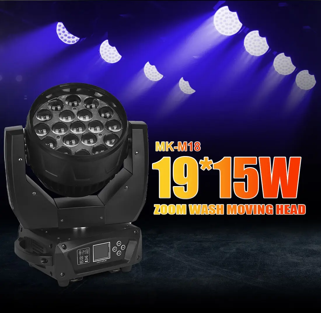 Moka sfx 19*15W RGBW 4 in1 LED Strobe Zoom Wash Moving Head Nightclub Stage Lights