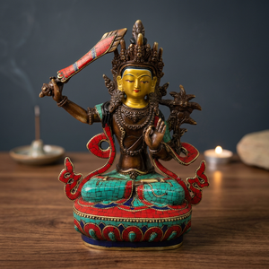 Figurine antique sculptée en cuivre Manjushree - Art religieux de collection, 8,8 pouces de hauteur, incrustations de pierre, visage incrusté de poussière d'or 24 carats - Product Image 3