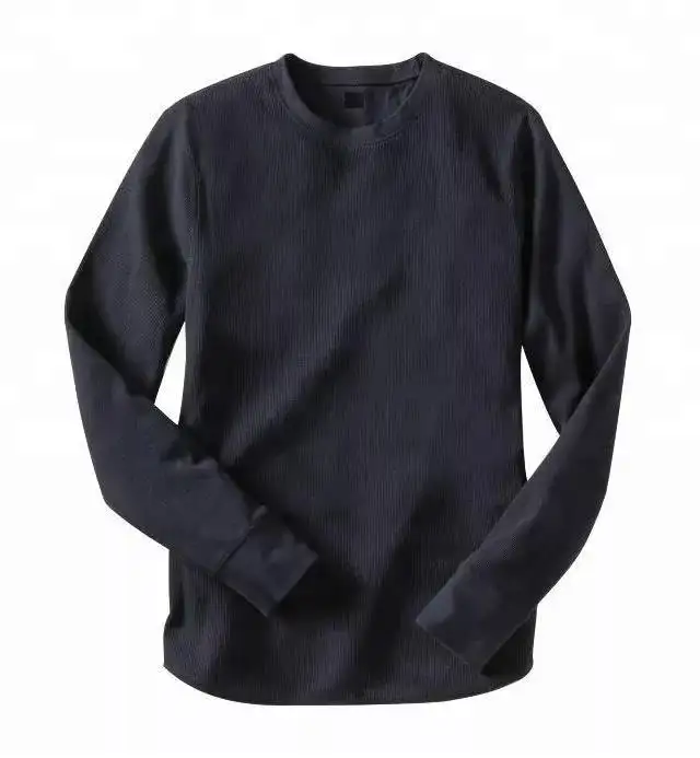 Waffle Knitted Long Sleeve Mens Blank Plain T Shirt Thermal Casual Wear Soft Men'S Knitted 100% Cotton T Shirt