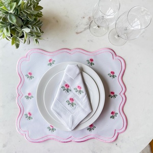 Custom Pattern 100% French <b>Linen</b> Cotton Napkins Handmade Wedding <b>Table</b> <b>Linen</b> Placemat with Embroidered Scalloped Edge - Product Image 2