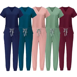 Jinteng best seller logotipo personalizado elástico mujeres Hospital uniformes Scrubs mujeres laboratorio médico batas enfermera Scrubs Top Pantalones