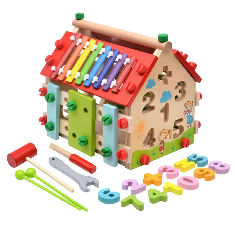 Children screw boy girls assembly and disassembly busy house musical wooden toys