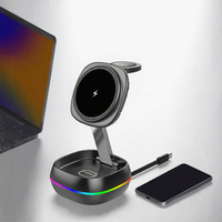 Support de téléphone magnétique à charge rapide 15W en ABS pliable et réglable en hauteur avec lumière RGB, chargeur sans fil 3 en 1 pour bureau