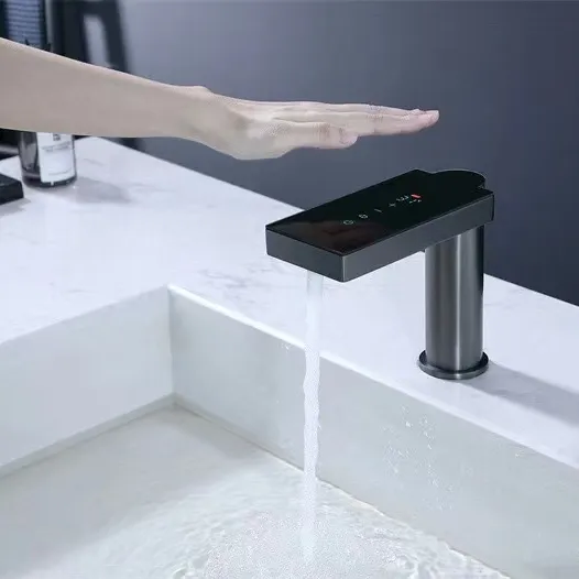 Brass Automatic Sensor Touchless Single Hole black Bathroom basin Sink Faucet with Digital temperature display