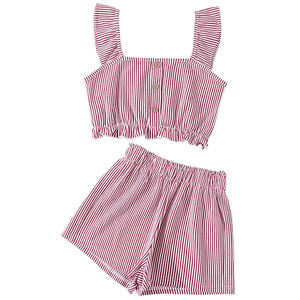 Completi Estivi <span class=keywords><strong>per</strong></span> Bambine, Set Carino con Maglietta a Righe con Volant in Maglia e Pantaloncini, Outfit in 2 Pezzi <span class=keywords><strong>per</strong></span> Uso Quotidiano e Feste - Product Image 4