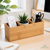 Organisateur de bureau en bambou naturel, boîte de rangement de bureau avec 3 compartiments, porte-stylos, porte-télécommande, organisateur de fournitures de bureau