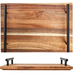 Acacia wood rectangular wooden <b>tray</b> with metal handle, practical household breakfast plate, fruit plate, <b>tea</b> plate, - Product Image 5