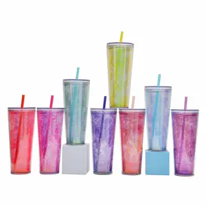 BORGE High Quality Double Layer Plastic Cold Drink Bottle Laser Flash Powder Sublimation Tumbler With Straw And Lid