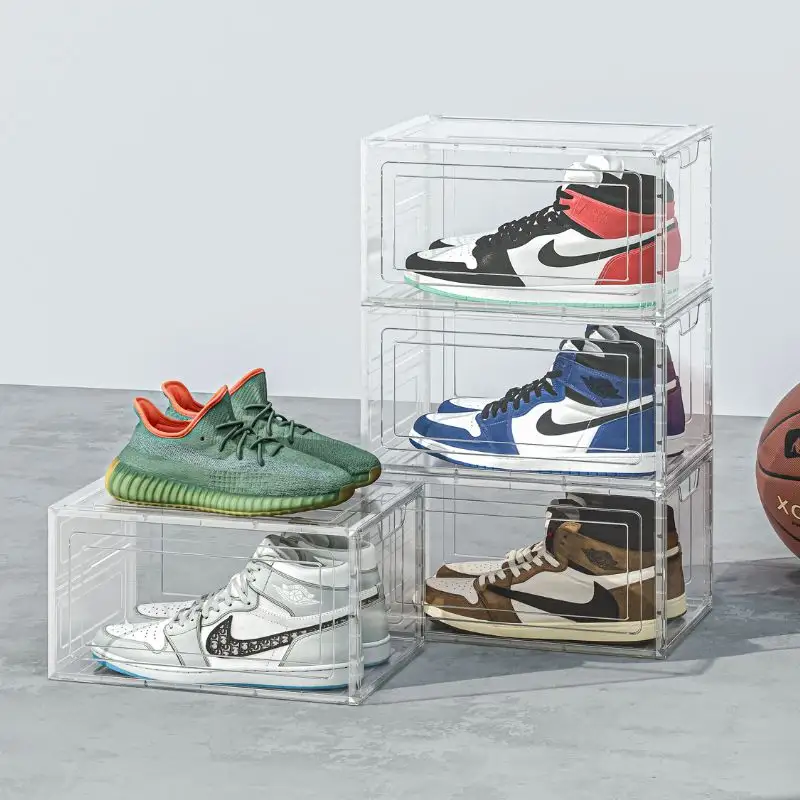 Vente en gros de boîtes à chaussures en plastique transparent empilables pour baskets, conteneurs à tiroir avant coulissant, organisateur de stockage, boîte à chaussures