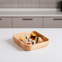 Assiette à salade et bol de service carrés contemporains en bois avec logo personnalisé, vaisselle en bois d'hévéa de qualité alimentaire écologique pour hôtels