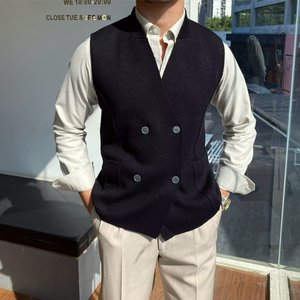 Chaleco de Punto Otoñal para Hombre, Estilo Británico, Casual, Cuello Clásico, Corte Entallado, Poliéster/Algodón, Sin Mangas, Botones, Doble Botonadura - Product Image 2