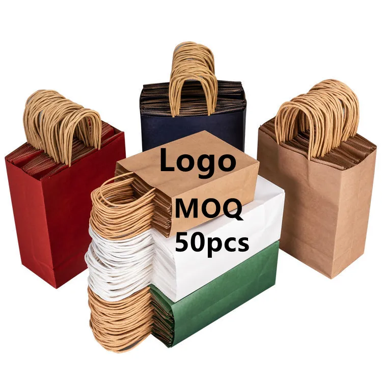 100% Recycled Plain Pink/White/Black/Brown Colored Gift Packaging Shopping Kraft Paper Bag with Handle & Your Own Custom Logo