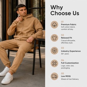 Survêtement 2 pièces pour homme en mélange <span class=keywords><strong>de</strong></span> coton doux, avec capuche zippée intégrale, manches raglan, coupe décontractée, poignets côtelés, cordon <span class=keywords><strong>de</strong></span> serrage, coupe fuselée, personnalisable OEM ODM - Product Image 2
