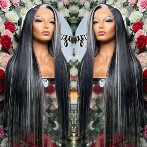 Heavy Density HD 13x6 peluca frontal de encaje Onda natural 5*5 cierre recto sin cola 100% pelucas de <span class=keywords><strong>cabello</strong></span> humano Ombre Negro <span class=keywords><strong>Plata</strong></span> - Product Image 5