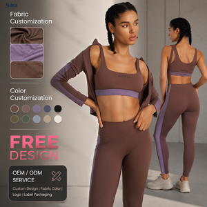 Conjunto Deportivo de 3 Piezas para Mujer, Personalizado, en Spandex y Nailon, Color Marrón y Morado, Bra Deportivo, Chaqueta Corta y Leggings de Cintura Alta para <span class=keywords><strong>Yoga</strong></span> - Product Image 1