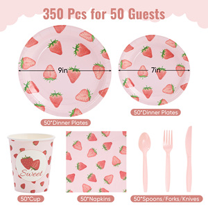 350Pcs Strawberry Disposable <b>Dinnerware</b> <b>Set</b> for 50 Guests Pink PET Plates Cups Napkins Cutlery Eco-Friendly for Birthday Party - Product Image 2