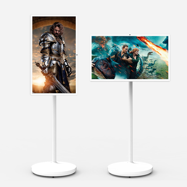 32-Inch White LED Smart TV Android 15 Touch Screen 4K UHD WiFi 6 16MP Camera 8GB+128 Wheels Portable Monitor Indoor Use