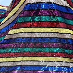 Encaje de malla de tul a rayas multicolor para vestido de fiesta, tela de lentejuelas brillantes de arcoíris